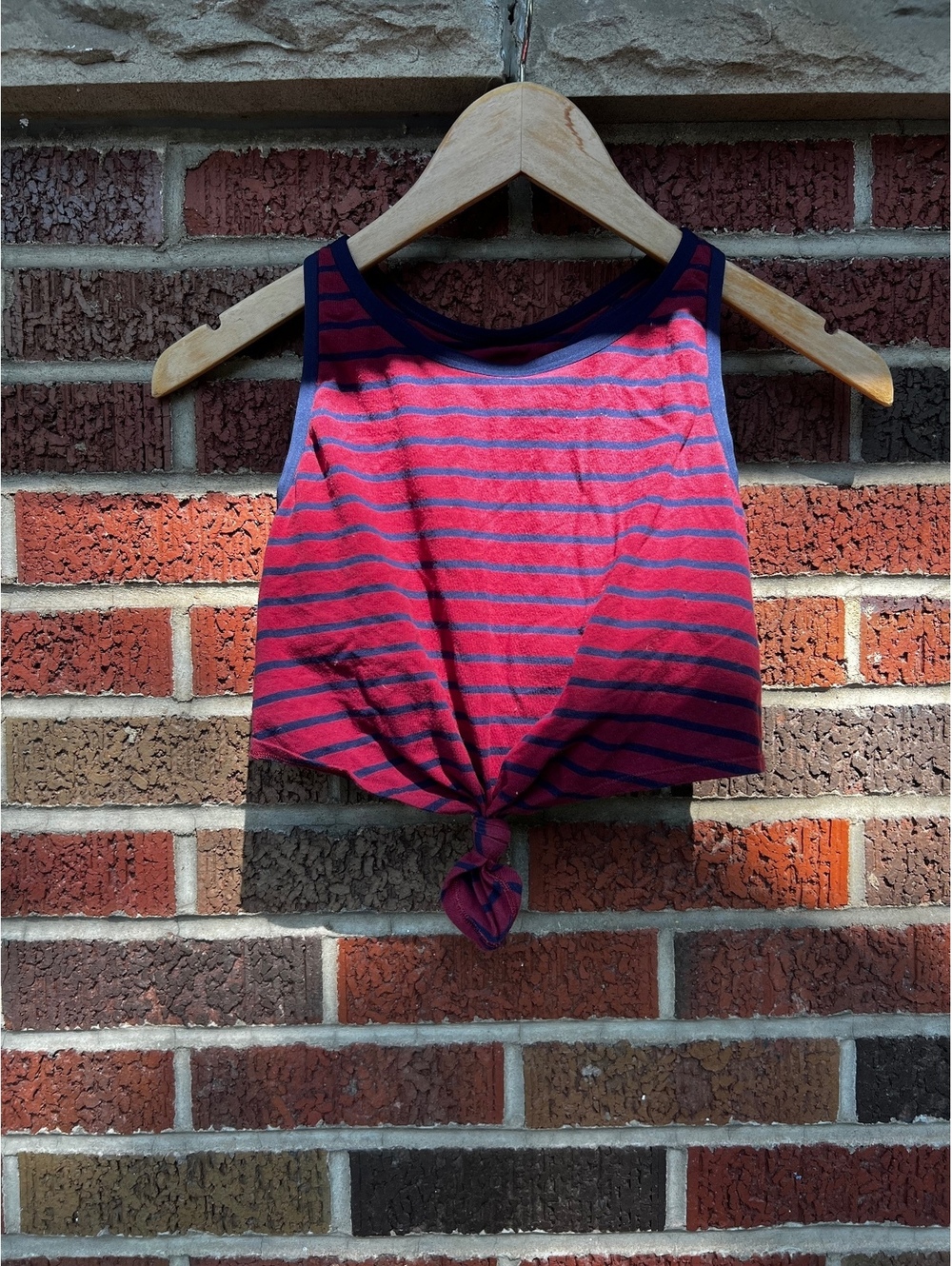 Aerie Red and Navy Blue Striped Front Knotted Crop Top Tank Top